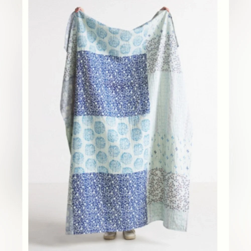 GUC - Anthropologie Kantha Upcycled Cotton Throw, Blue and Orange